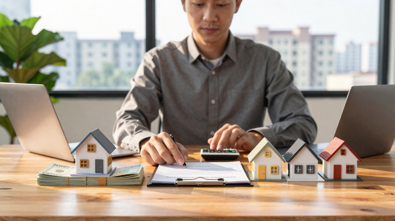 Homem a calcular finanças e assinar documentos com miniaturas de casas e dinheiro numa mesa.