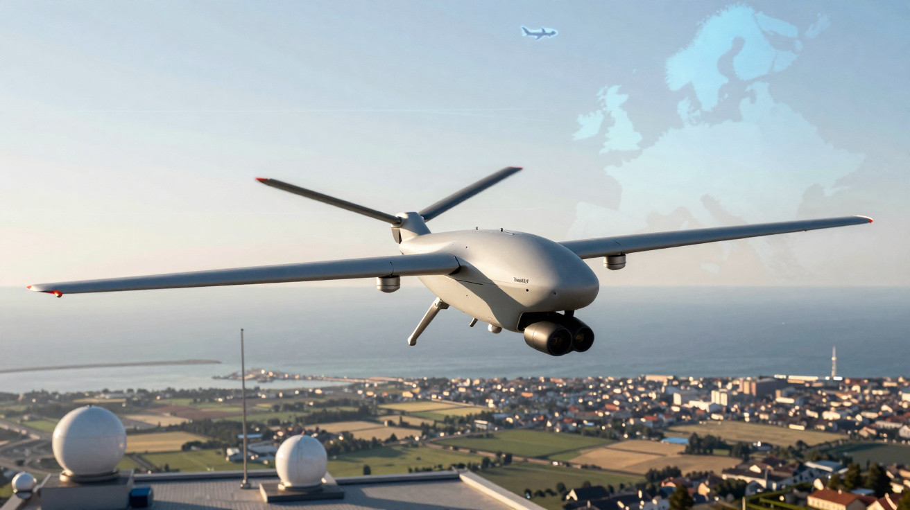 Dron militar cinzento a voar sobre área costeira com radar e cidade ao fundo.