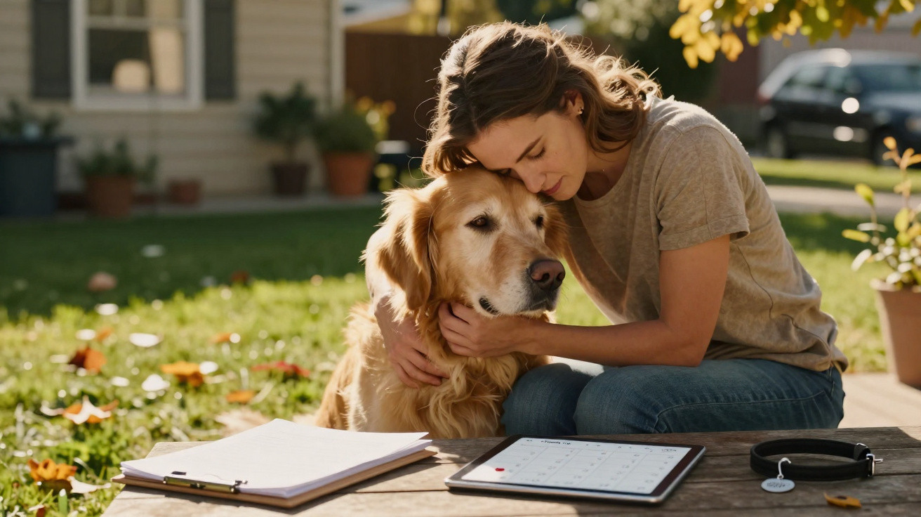 Mulher sentada abraça cão golden retriever no jardim, com prancheta e tablet à sua frente numa tarde solarenga.