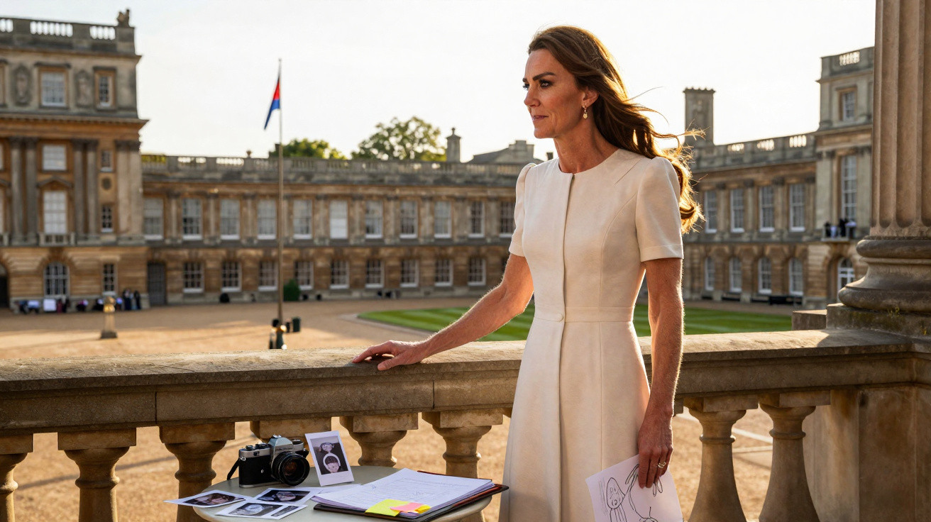 Mulher de vestido claro em varanda de palácio com fotos, caderno e câmera sobre mesa ao pôr do sol.