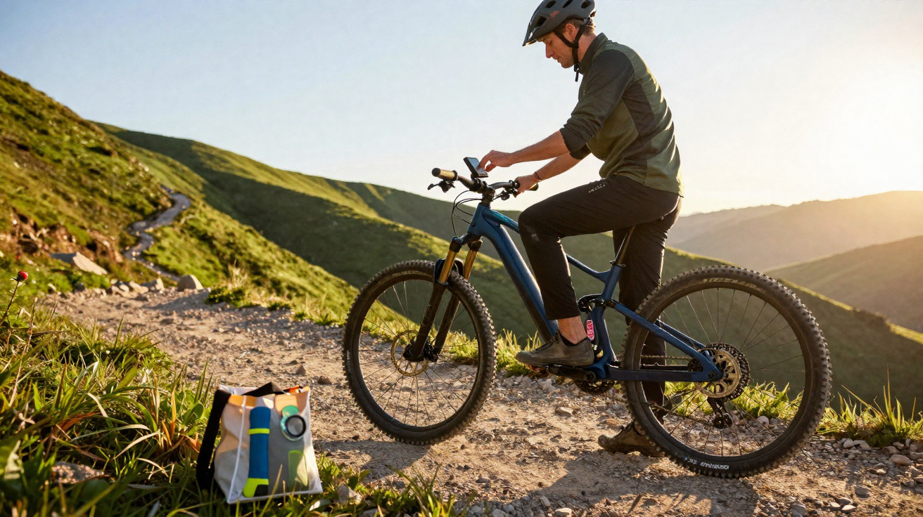 Homem com capacete prepara bicicleta azul num trilho de montanha ao pôr do sol.