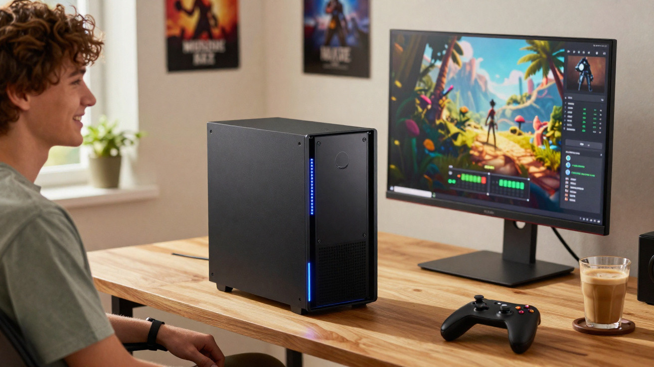 Jovem sentado a jogar num PC gamer com ecrã grande, comando e bebida numa mesa de madeira.