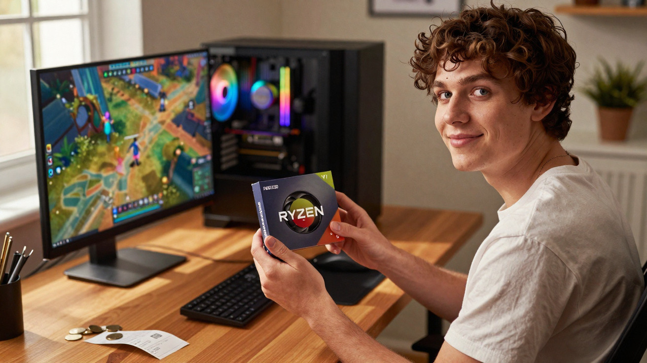 Jovem sentado a sorrir segurando processador Ryzen junto a PC gaming e monitor ligado a jogo.