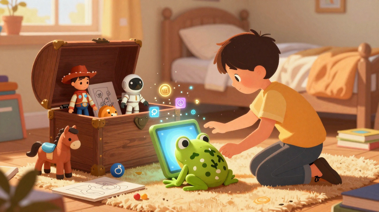 Criança interage com sapo digital holográfico em quarto com brinquedos e baú aberto.