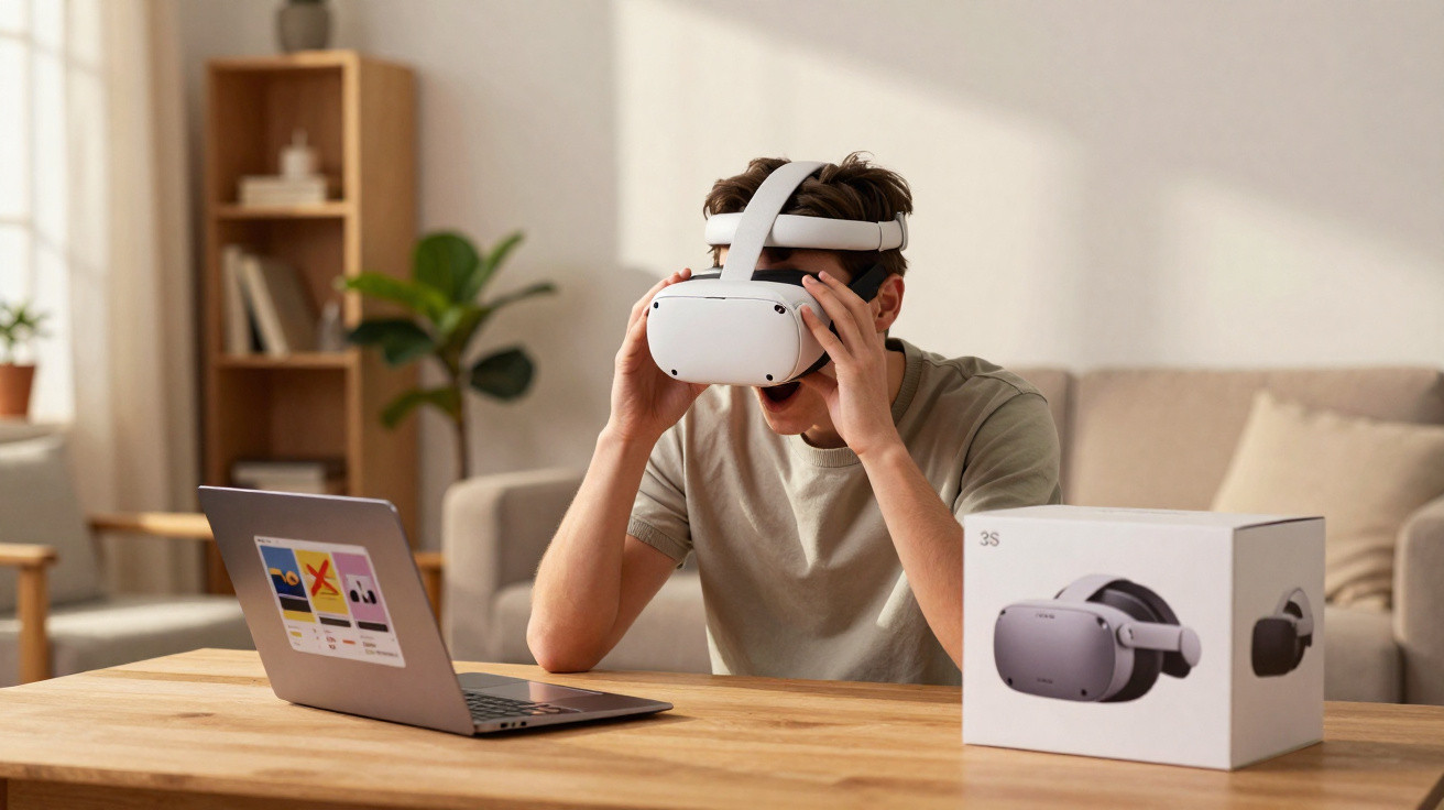 Homem jovem experimenta óculos de realidade virtual sentado numa sala com portátil e caixa do aparelho à sua frente.