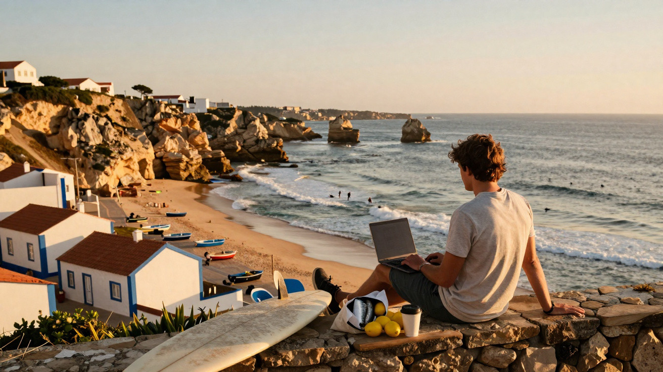 Homem sentado numa pedra junto à praia com portátil, prancha de surf e mar ao pôr do sol.