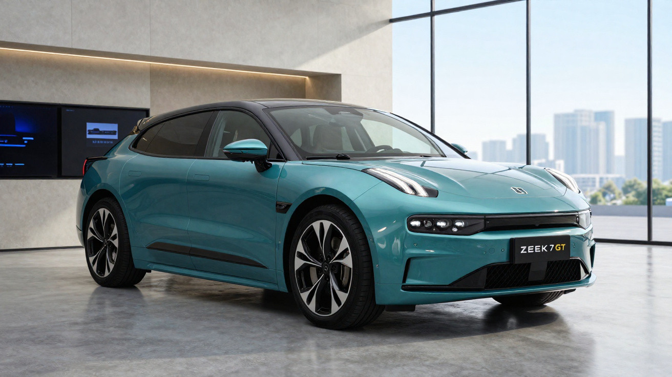 Carro elétrico azul Zeekr 7 GT estacionado num espaço interior com janelas amplas e vista urbana ao fundo.