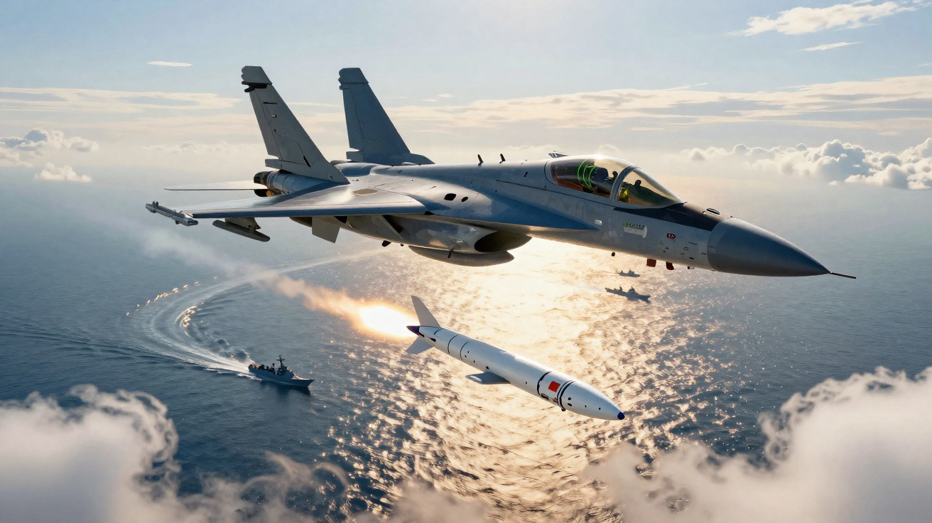 Caça militar a disparar míssil sobre o mar com navios ao fundo e céu parcialmente nublado.