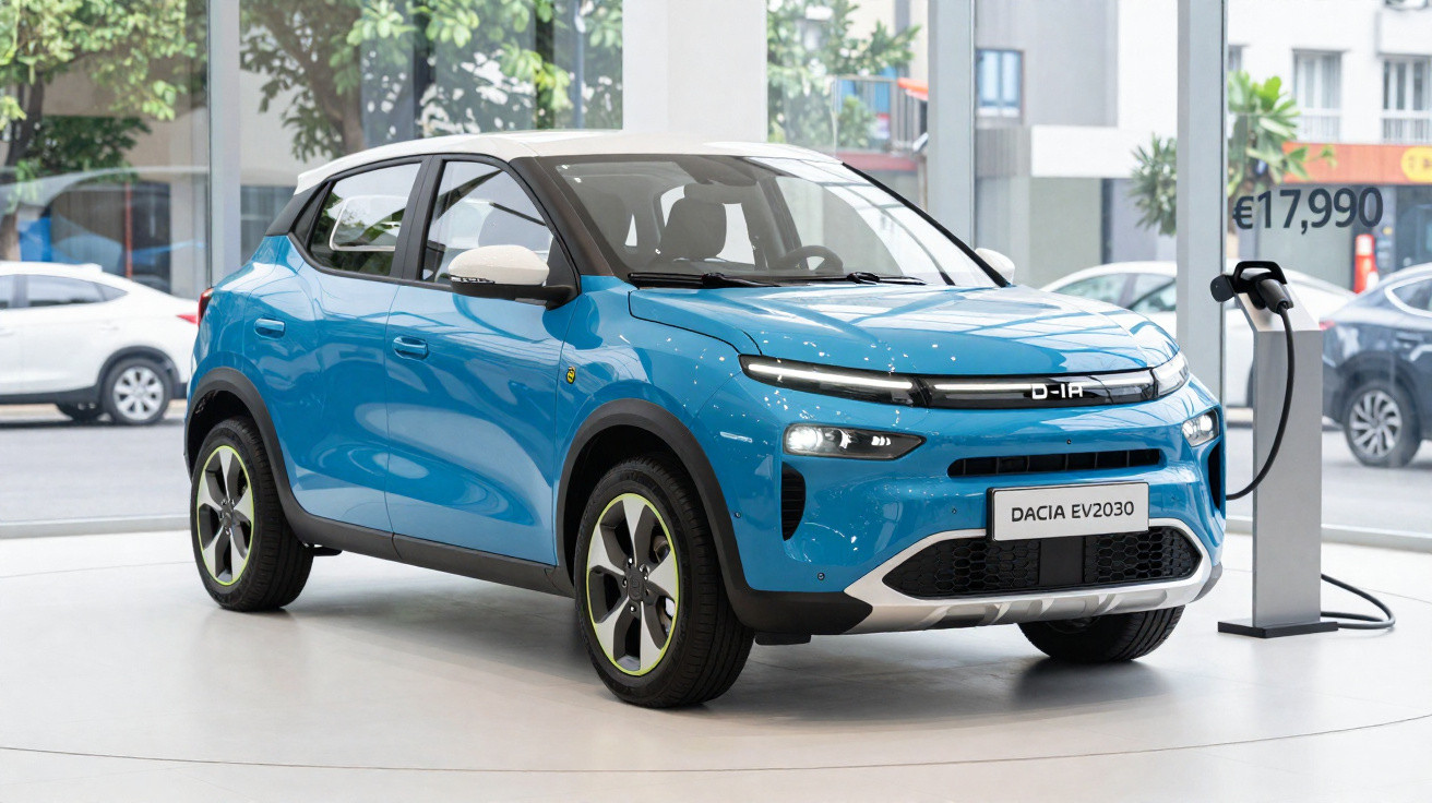 Carro elétrico azul Dacia EV2030 em exposição, ligado a estação de carregamento, com preço visível ao fundo.