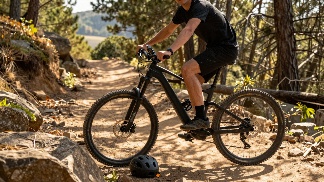 Homem com roupa preta numa bicicleta de montanha preta numa trilha de terra rodeada de árvores e pedras.