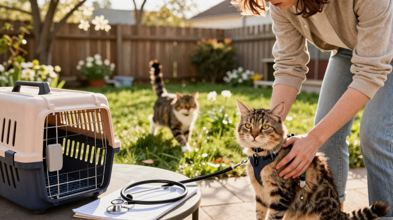 Pessoa a colocar trela num gato num jardim, com transportadora, estetoscópio e outro gato ao fundo.