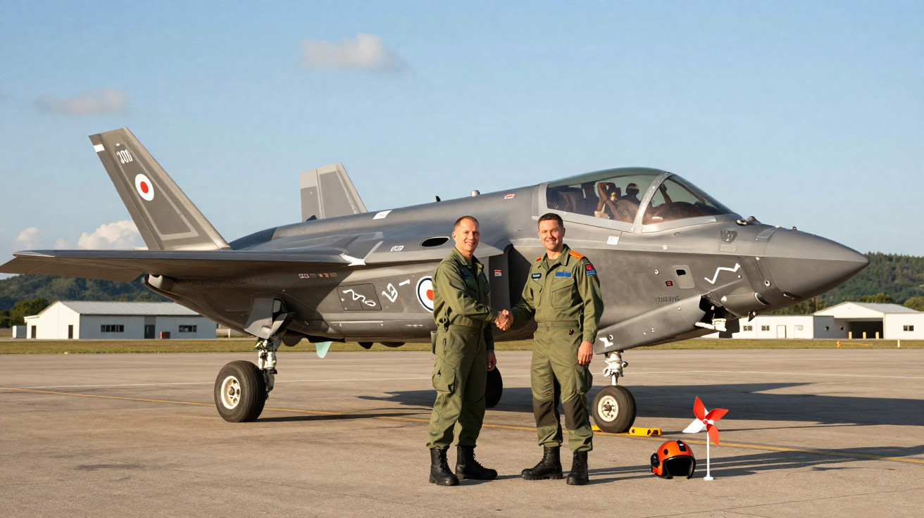 Dois pilotos em fatos verdes apertam as mãos em frente a um caça militar cinzento numa pista de aeroporto.