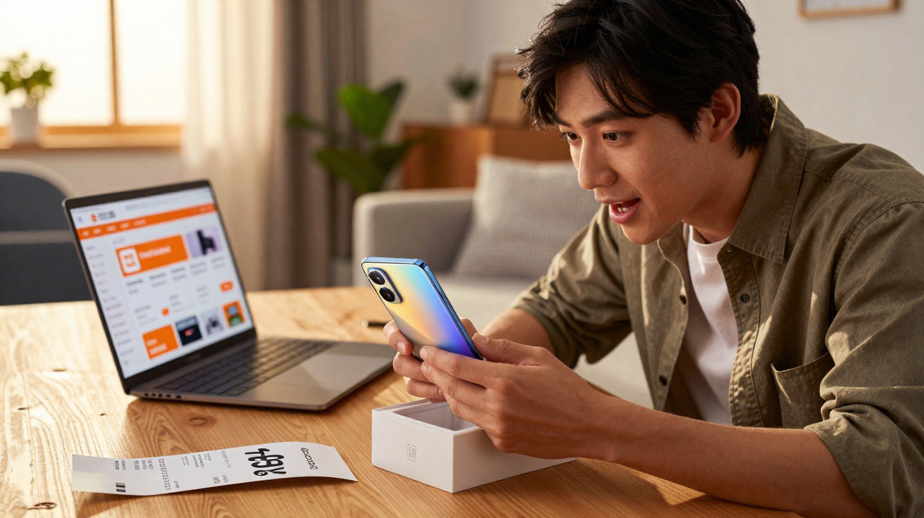 Homem sentado numa mesa a desembrulhar e explorar um novo smartphone, com computador portátil ao fundo.