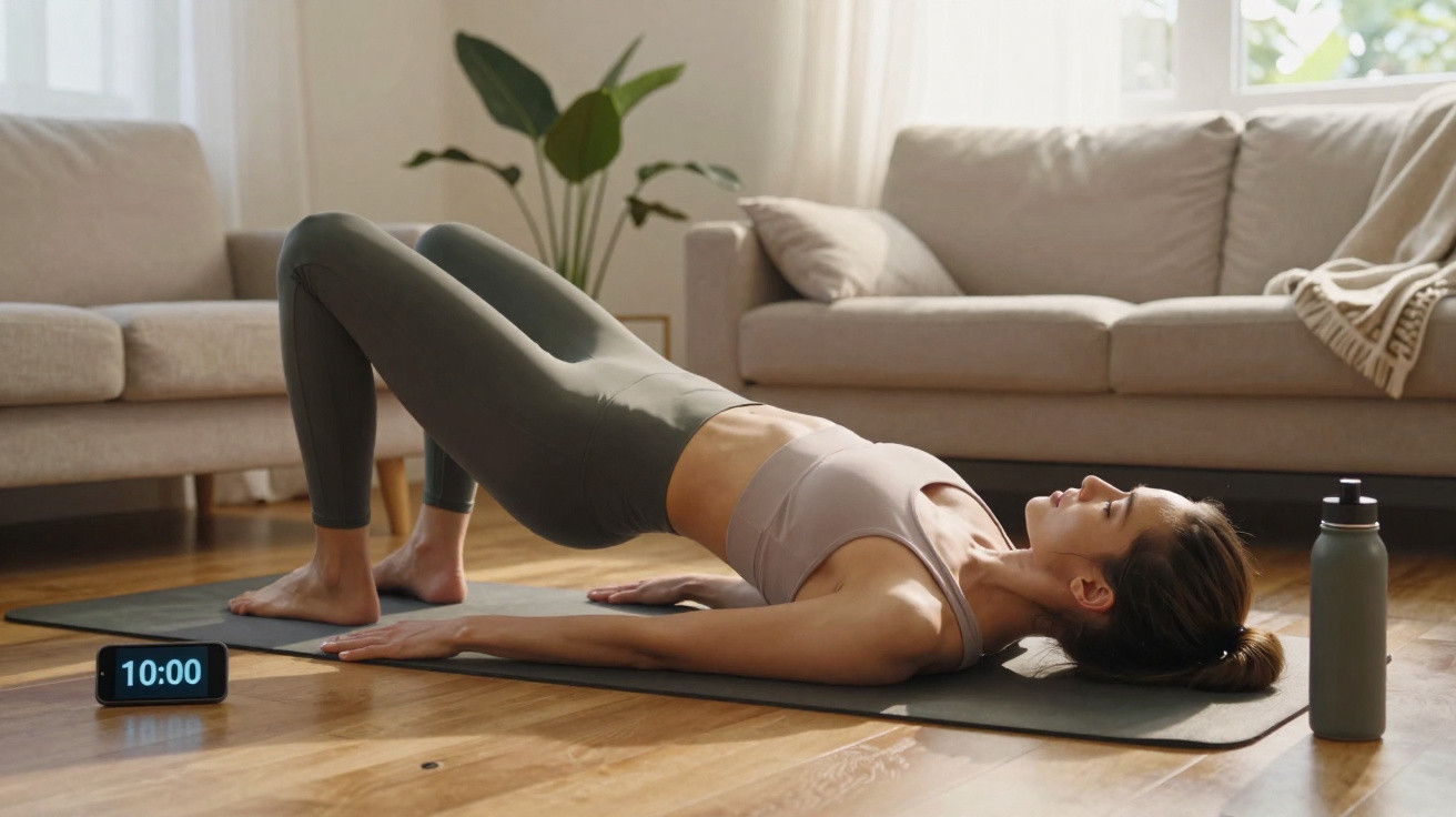 Mulher a praticar exercício de ponte no tapete de yoga numa sala com sofá e garrafa de água.