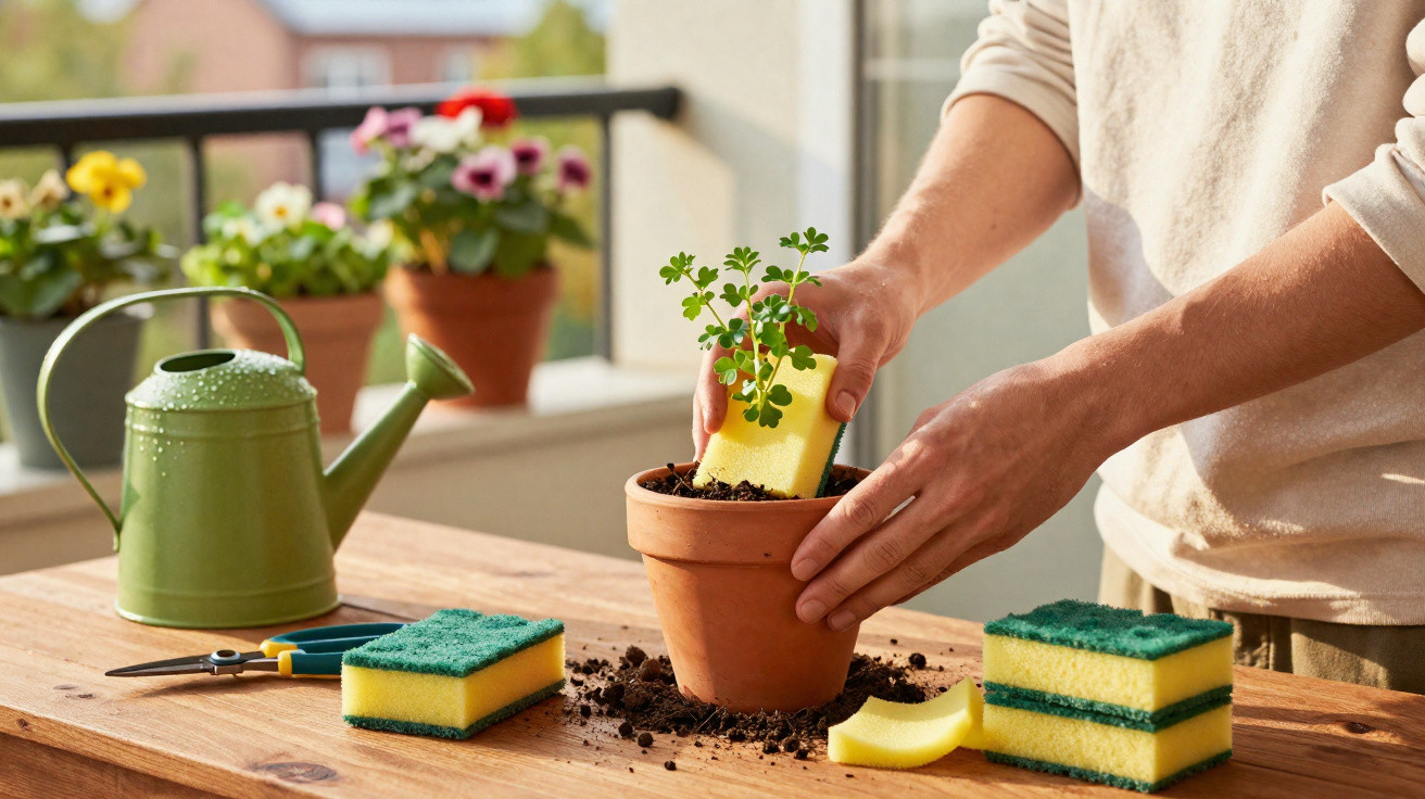 Pessoa a limpar vaso de planta com uma esponja amarela, ao lado de regador verde e flores em vasos.