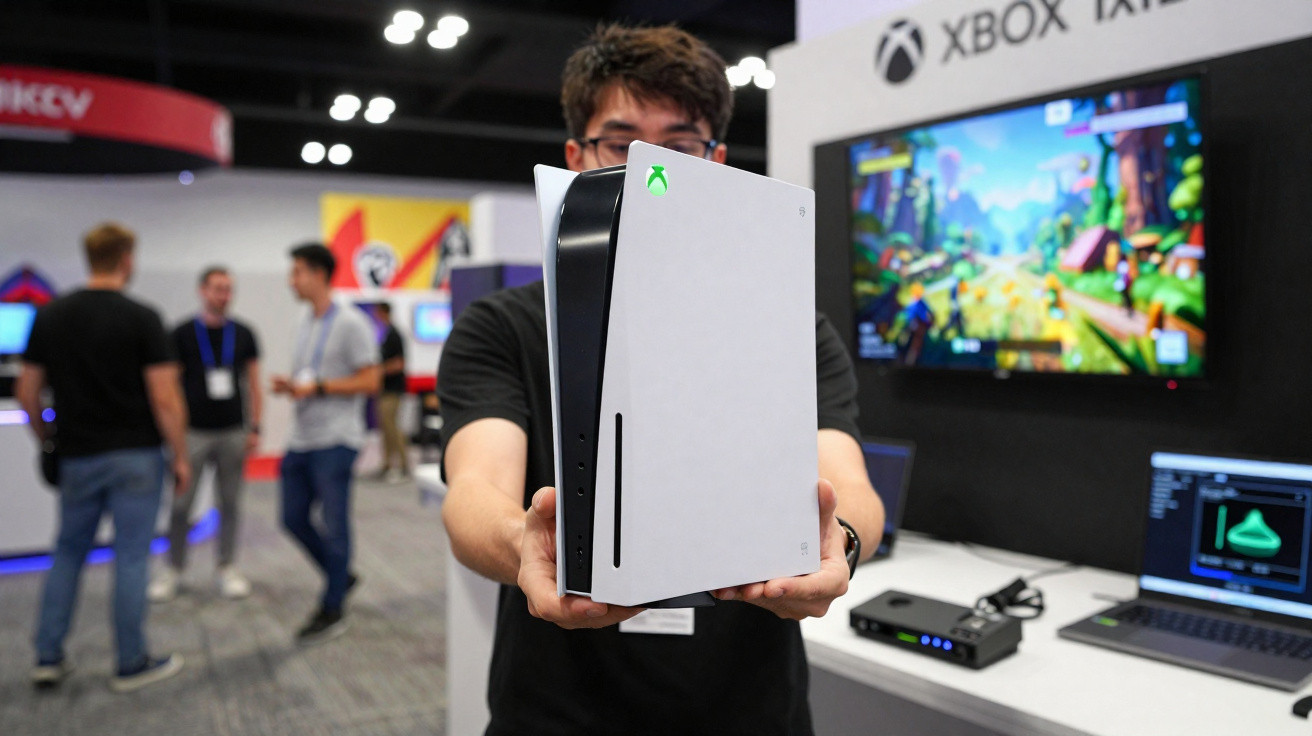 Pessoa a segurar uma consola Xbox Series X branca num evento de videojogos.