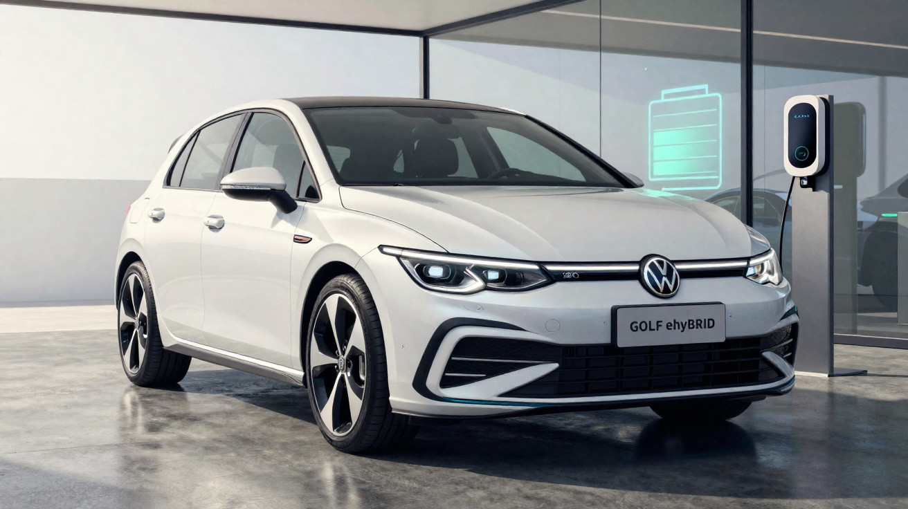 Carro elétrico Volkswagen Golf eHybrid branco estacionado junto a posto de carregamento em garagem moderna.