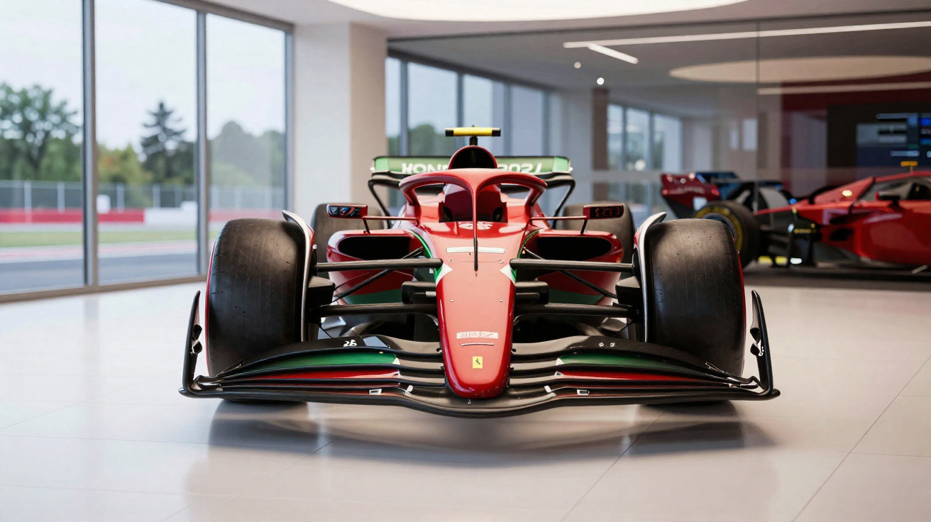 Carro de Fórmula 1 vermelho da Ferrari exposto numa sala com janelas amplas e outro carro ao fundo.