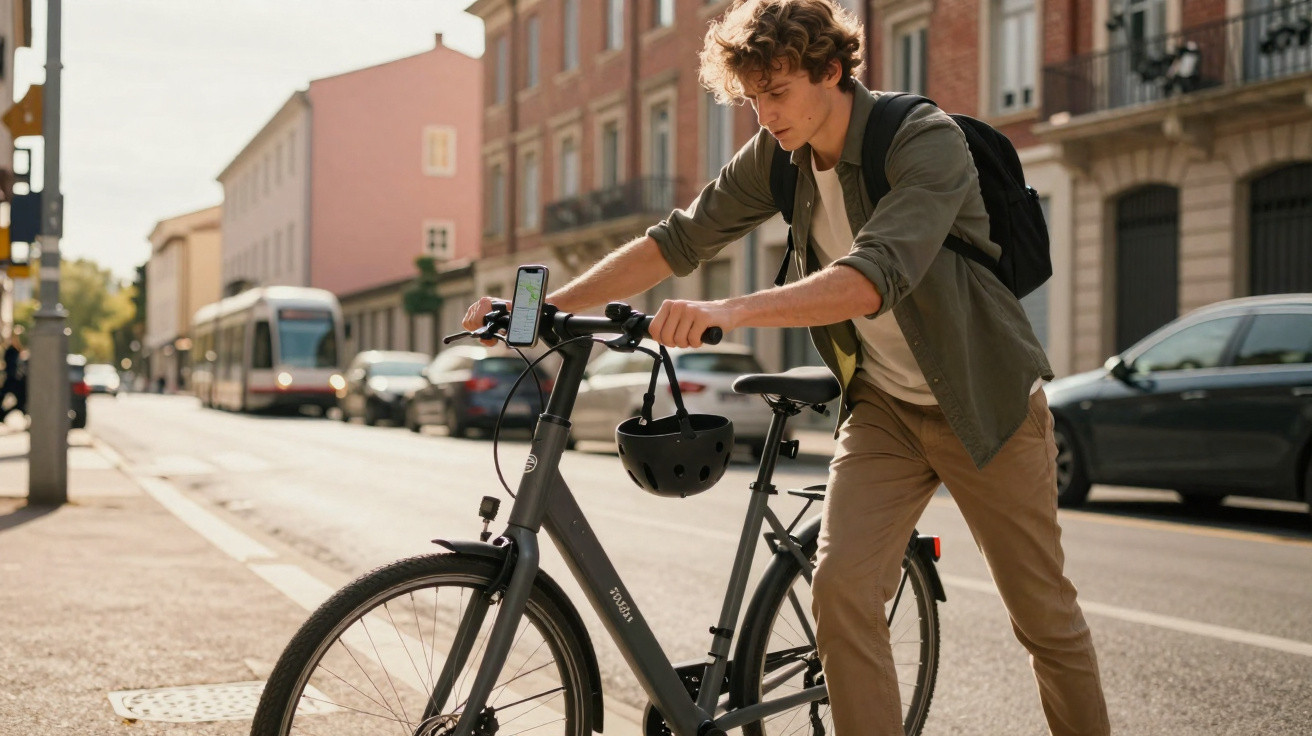 Jovem empurra bicicleta elétrica numa rua com prédios e carros ao fundo.