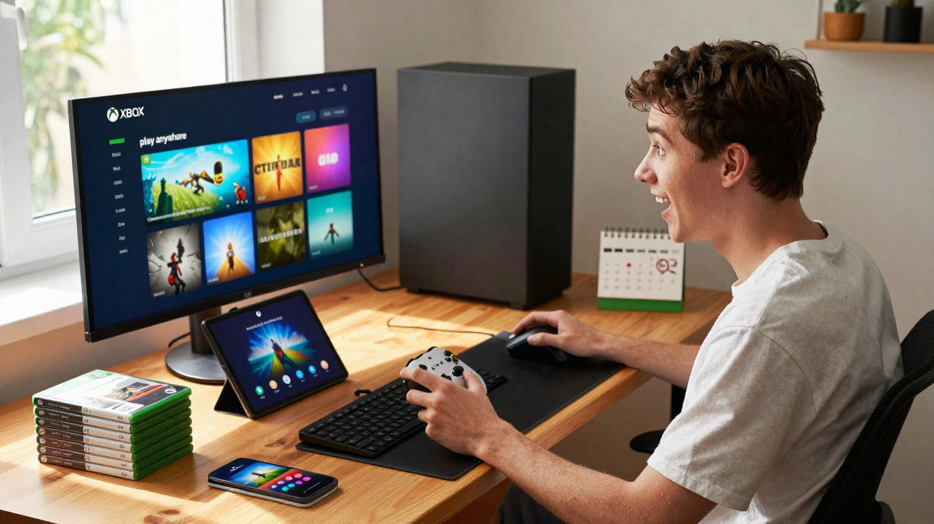 Jovem sentado em secretária a jogar videojogos Xbox num monitor, segurando comando com sorriso.