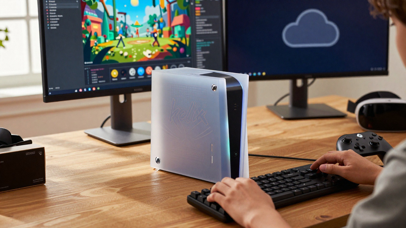 Computador compacto transparente junto a alguém a usar teclado, com dois ecrãs e comandos de videojogos numa secretária.