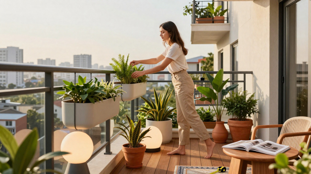 Mulher cuida de plantas num terraço urbano com vasos diversos e revista numa mesa de madeira.