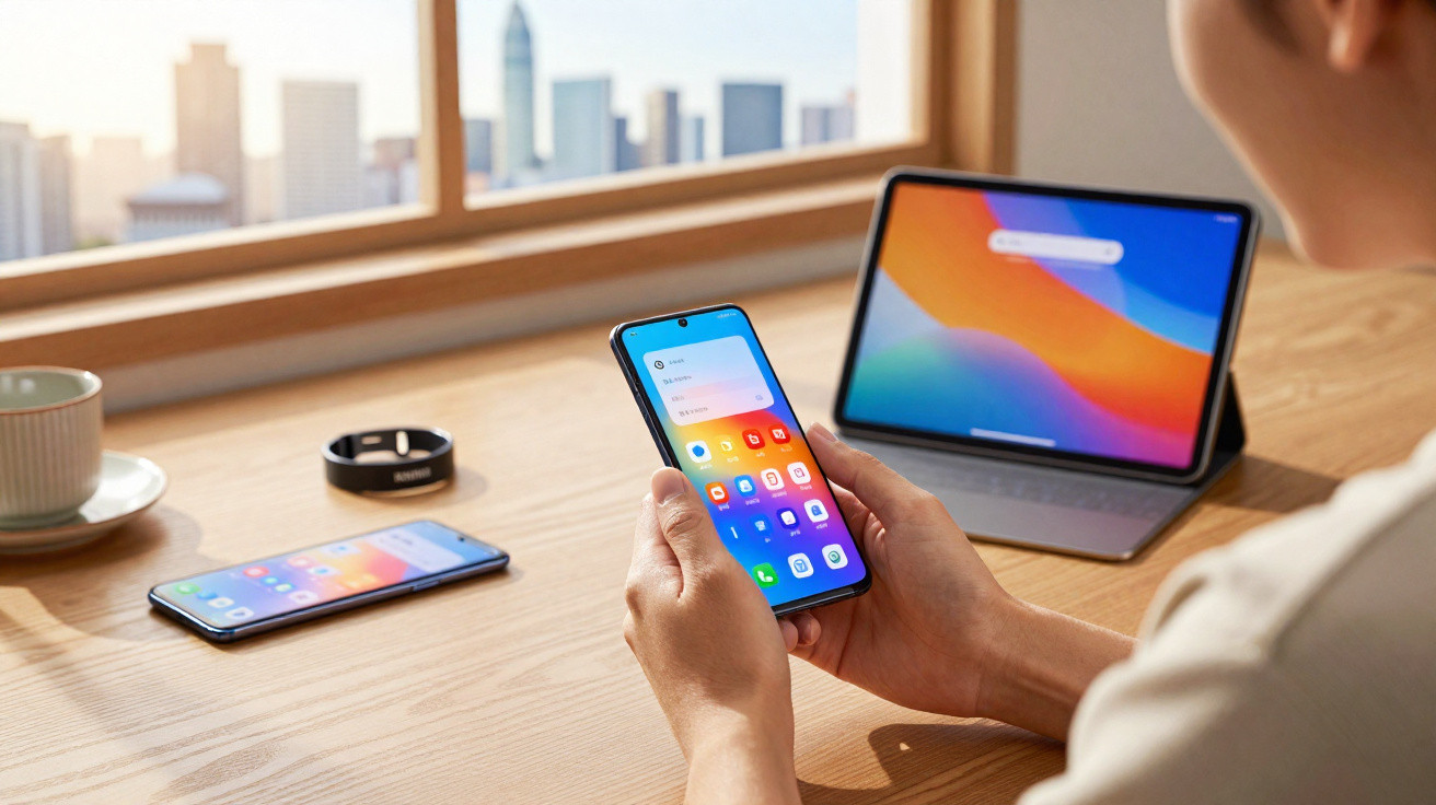 Pessoa a usar smartphone com tablet e outro telemóvel sobre mesa junto a janela com vista para cidade.