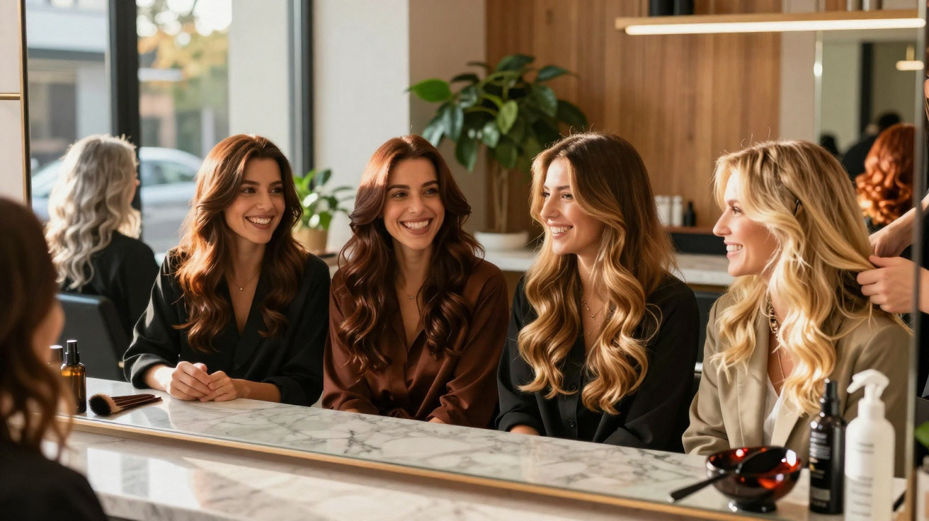 Quatro mulheres sorridentes sentadas em frente a um espelho num salão de cabeleireiro com cabelos arranjados.