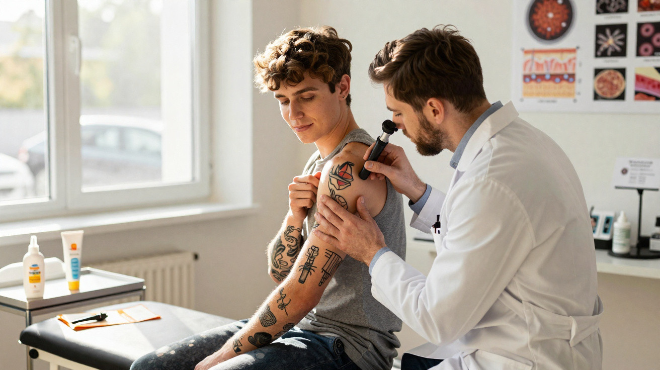 Dermatologista a examinar tatuagens no braço de uma mulher jovem numa consulta médica.