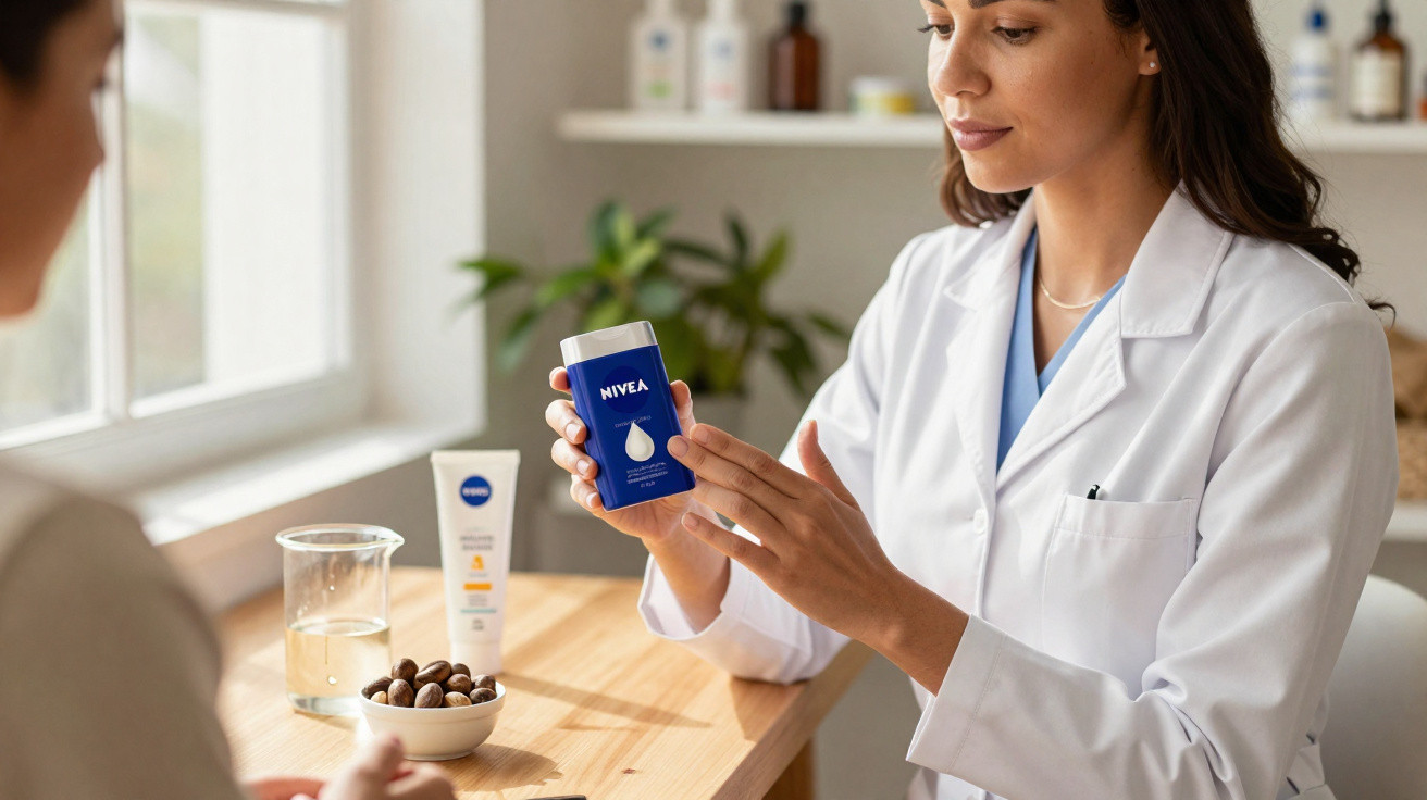 Profissional de saúde mostra creme Nivea a cliente num ambiente iluminado com produtos naturais e de cuidado.