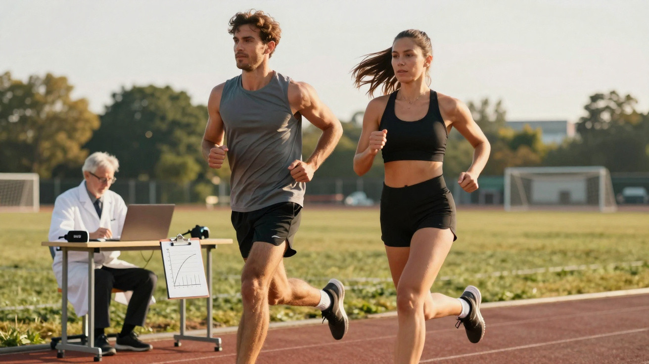 Dois atletas a correr numa pista enquanto um médico observa e regista dados num computador portátil.
