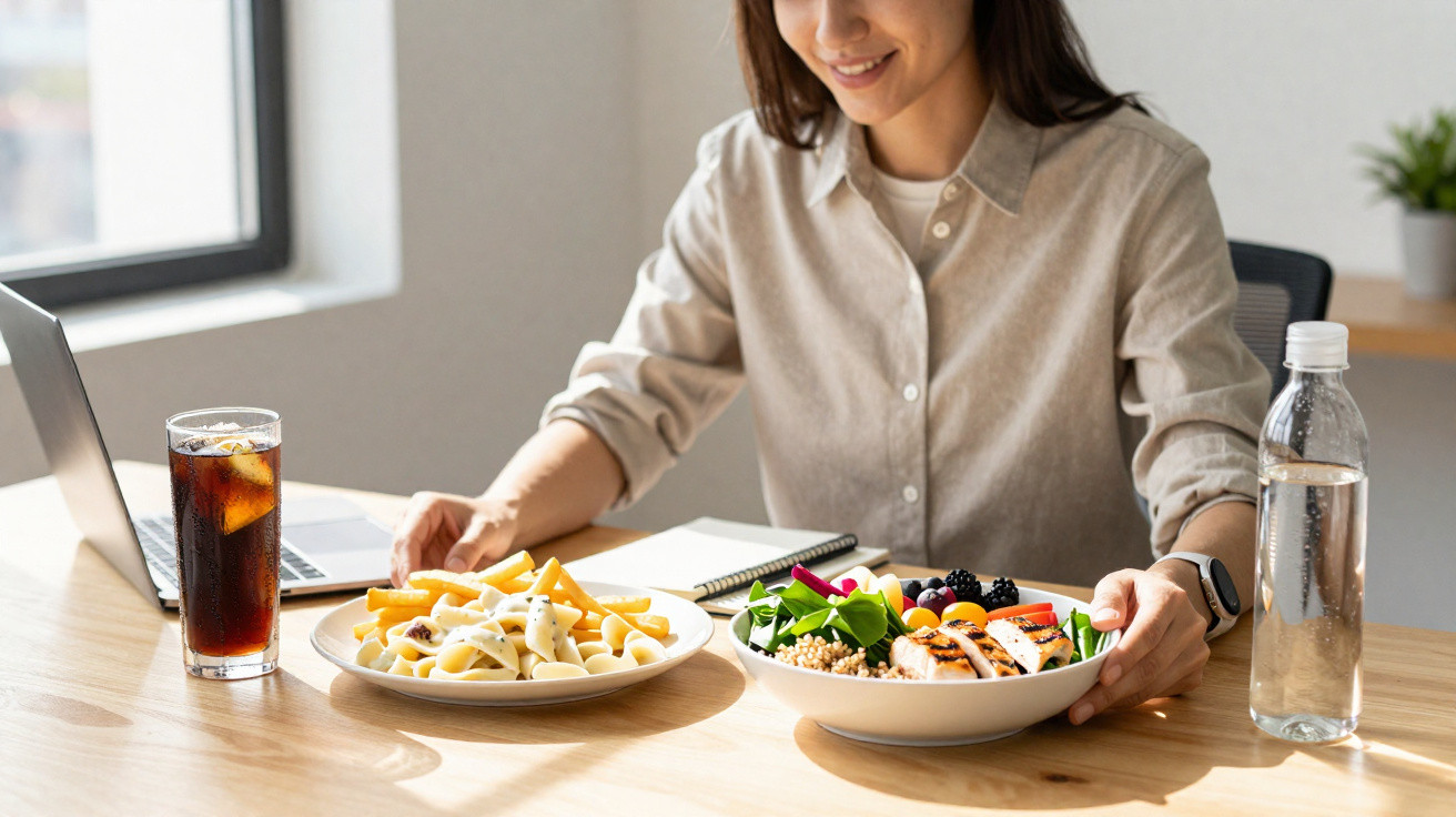 Pessoa a sorrir e preparar refeição saudável e outra com batatas fritas e molho ao lado no escritório.