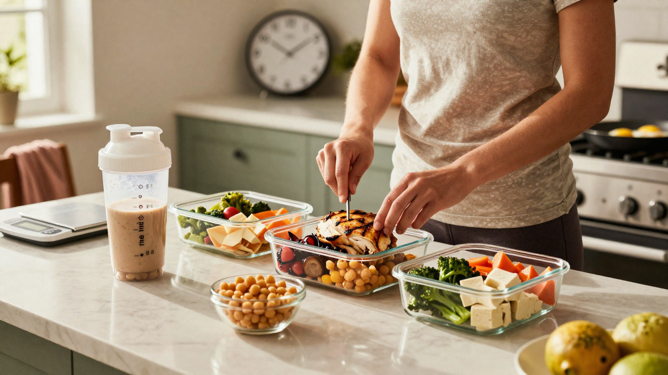 Pessoa a preparar refeições saudáveis com legumes, grão-de-bico e frango numa bancada de cozinha moderna.