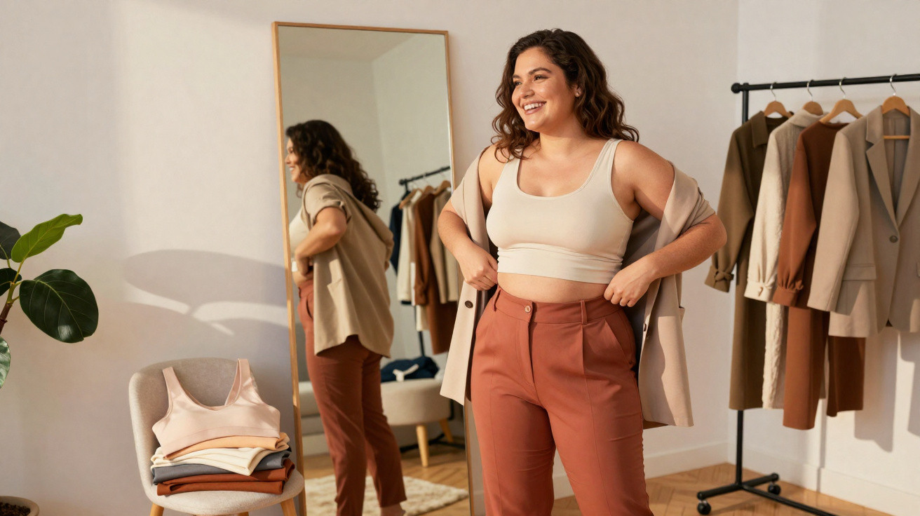 Mulher sorridente a vestir blazer bege, top branco e calças castanhas num quarto com roupa e espelho.