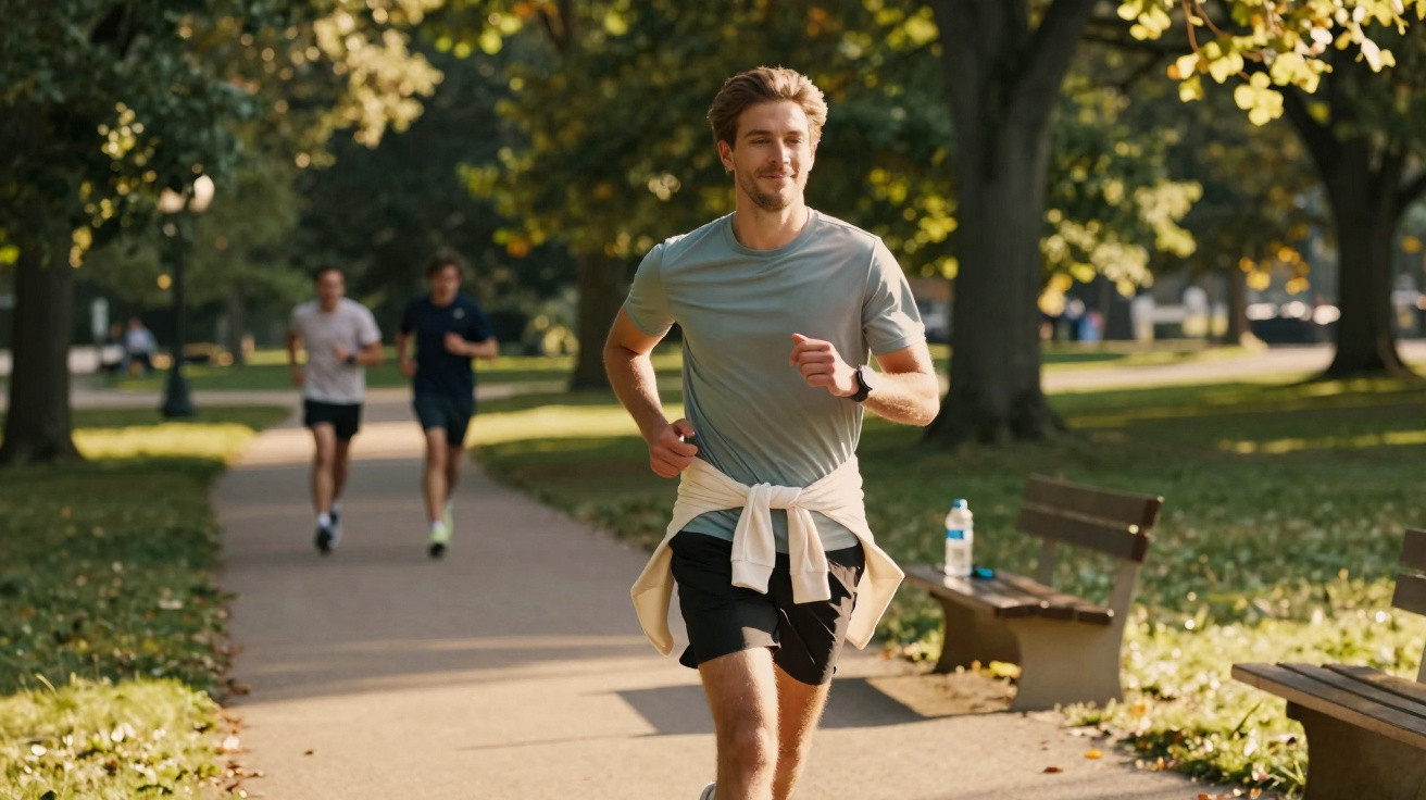 Homem a correr num parque durante o dia, com mais duas pessoas a correr ao fundo.