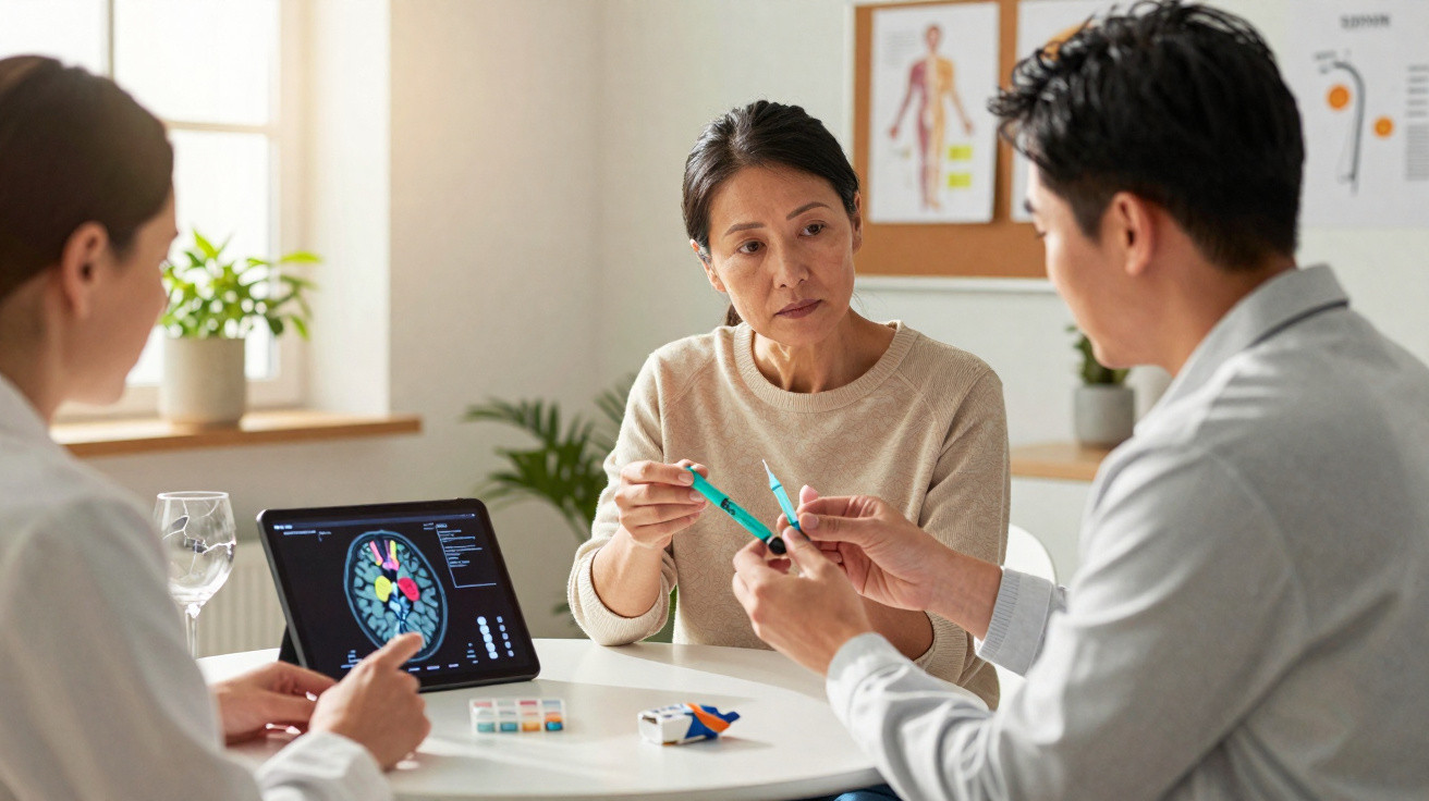 Paciente a receber explicação sobre medicação para diabetes durante consulta médica.