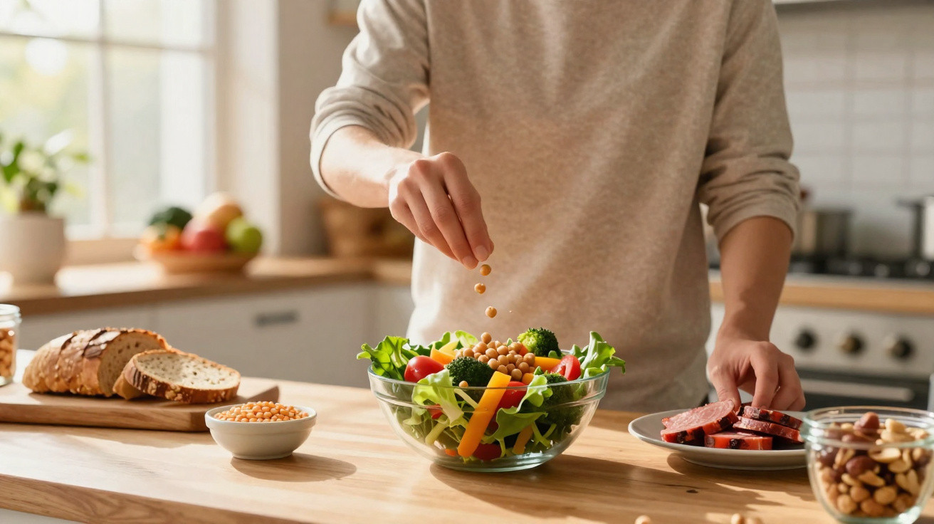 Pessoa a temperar salada com vegetais frescos numa cozinha com pão e frutos secos sobre a mesa.