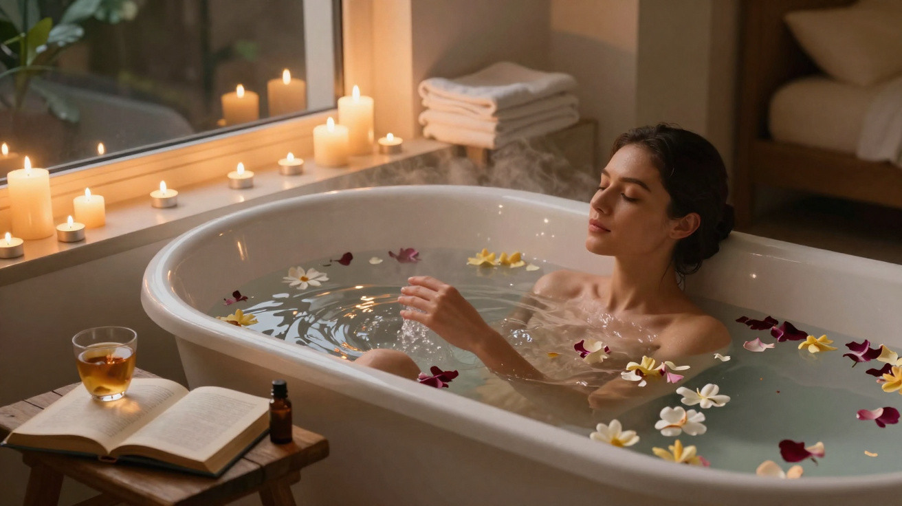 Mulher relaxa numa banheira com pétalas de flores, rodeada por velas acesas num ambiente tranquilo.