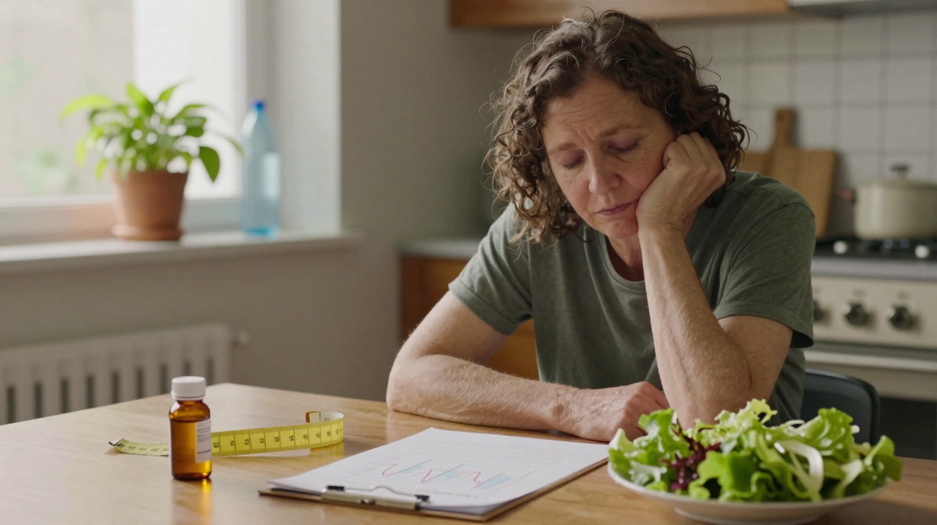 Mulher com expressão de cansaço ou tristeza de cabeça apoiada sobre a mesa com uma salada e medicamentos.