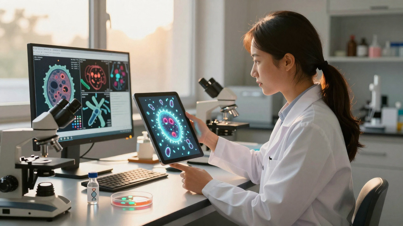 Cientista de bata branca analisa imagens de microrganismos numa tablet e computador num laboratório moderno.