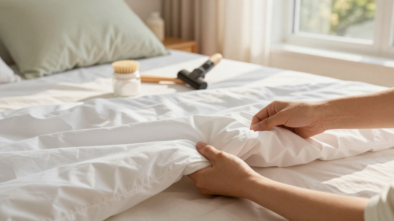 Mãos a arrumar um edredão branco numa cama com almofada verde e objetos de higiene ao fundo.