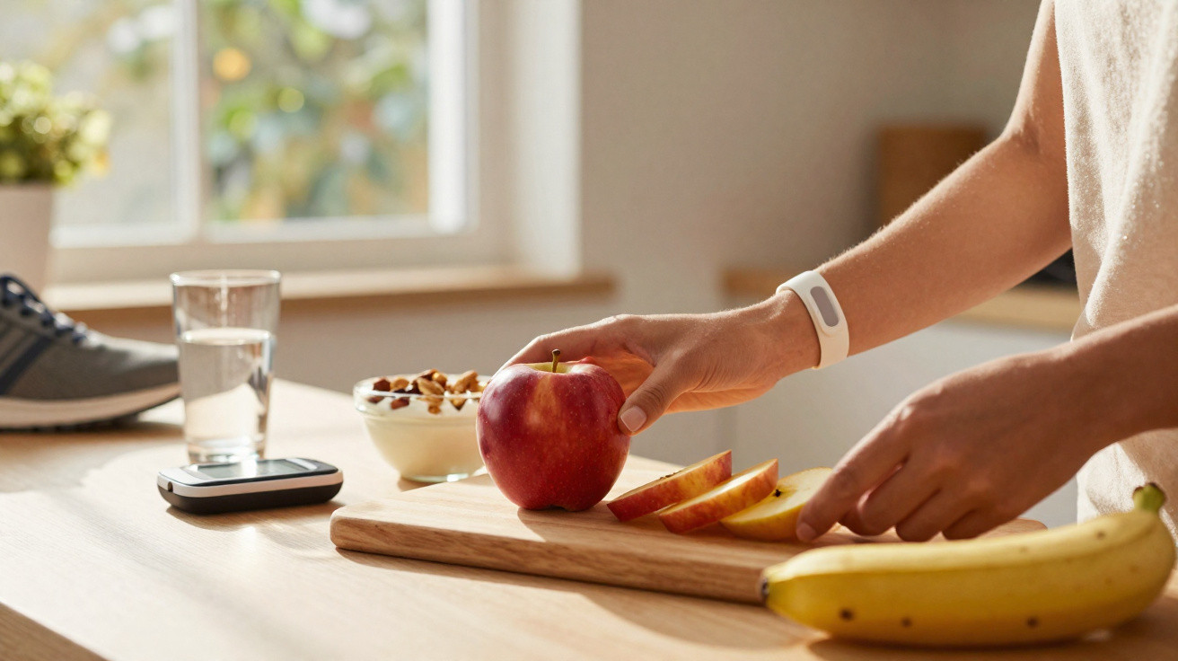 Pessoa a preparar lanche saudável com maçã, iogurte e frutos secos numa cozinha luminosa.