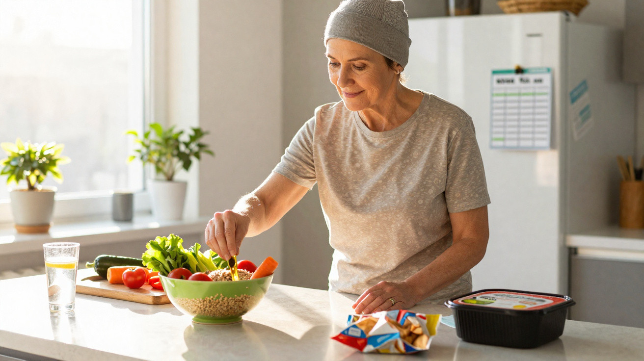 Senhora sénior a preparar salada saudável com legumes frescos numa cozinha luminosa.