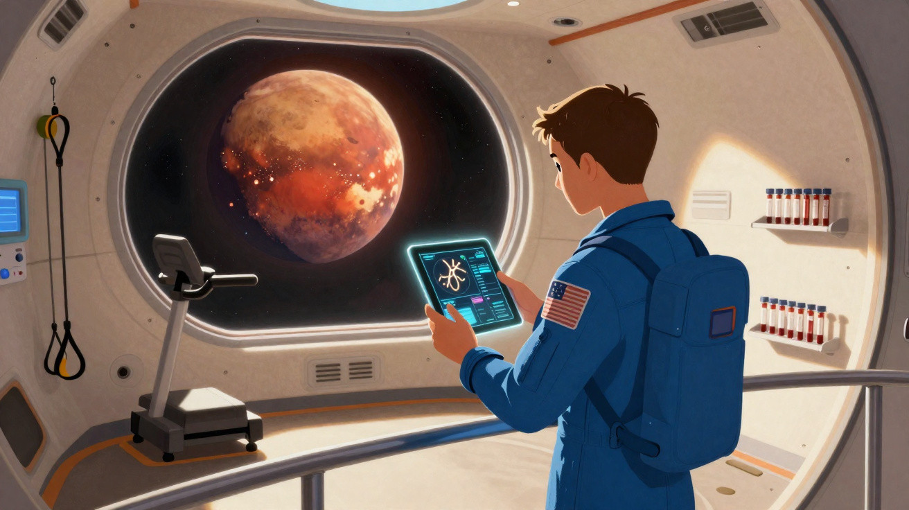 Jovem astronauta com tablet observa planeta vermelho através da janela de nave espacial moderna.
