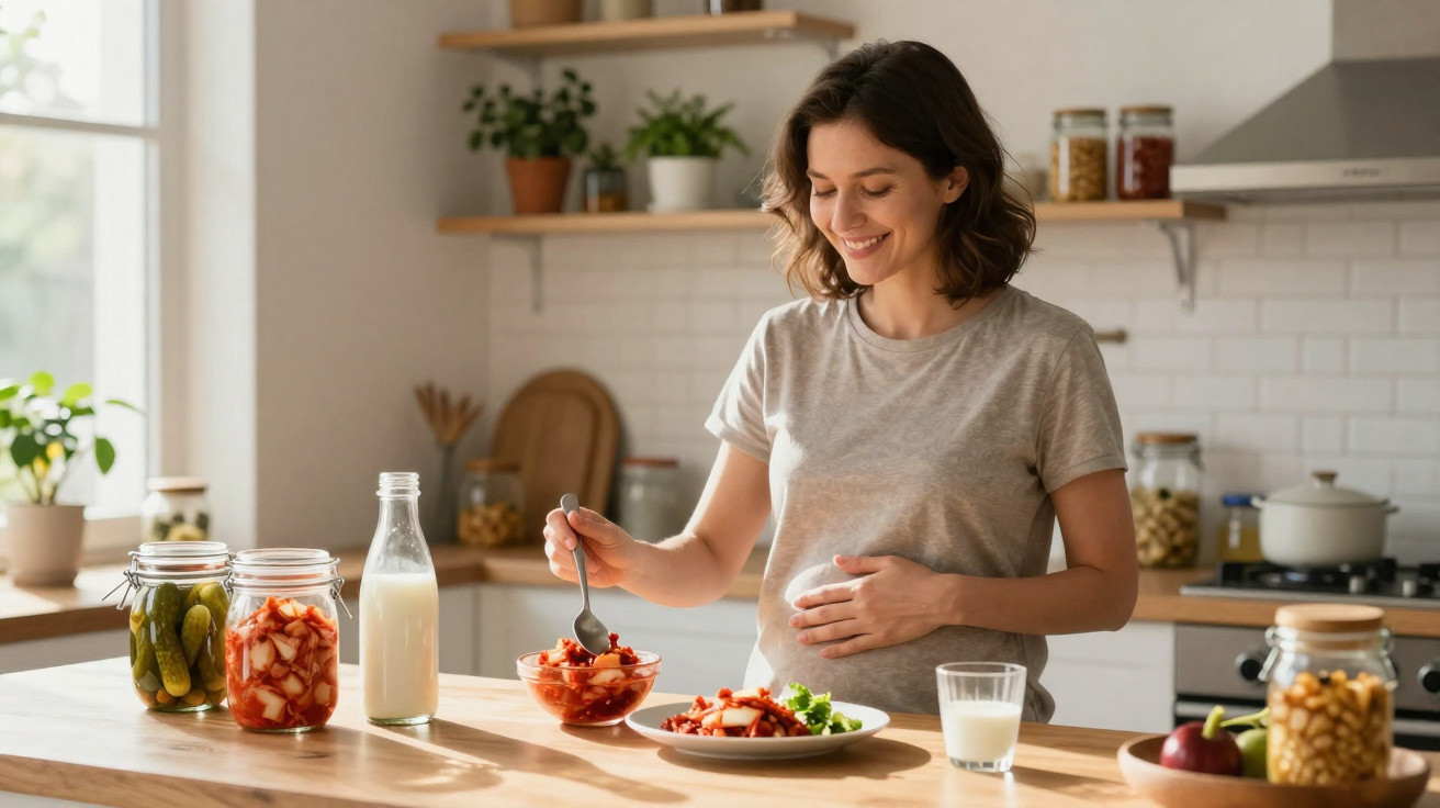 Mulher grávida sorridente a comer numa cozinha moderna com legumes fermentados e leite na mesa.