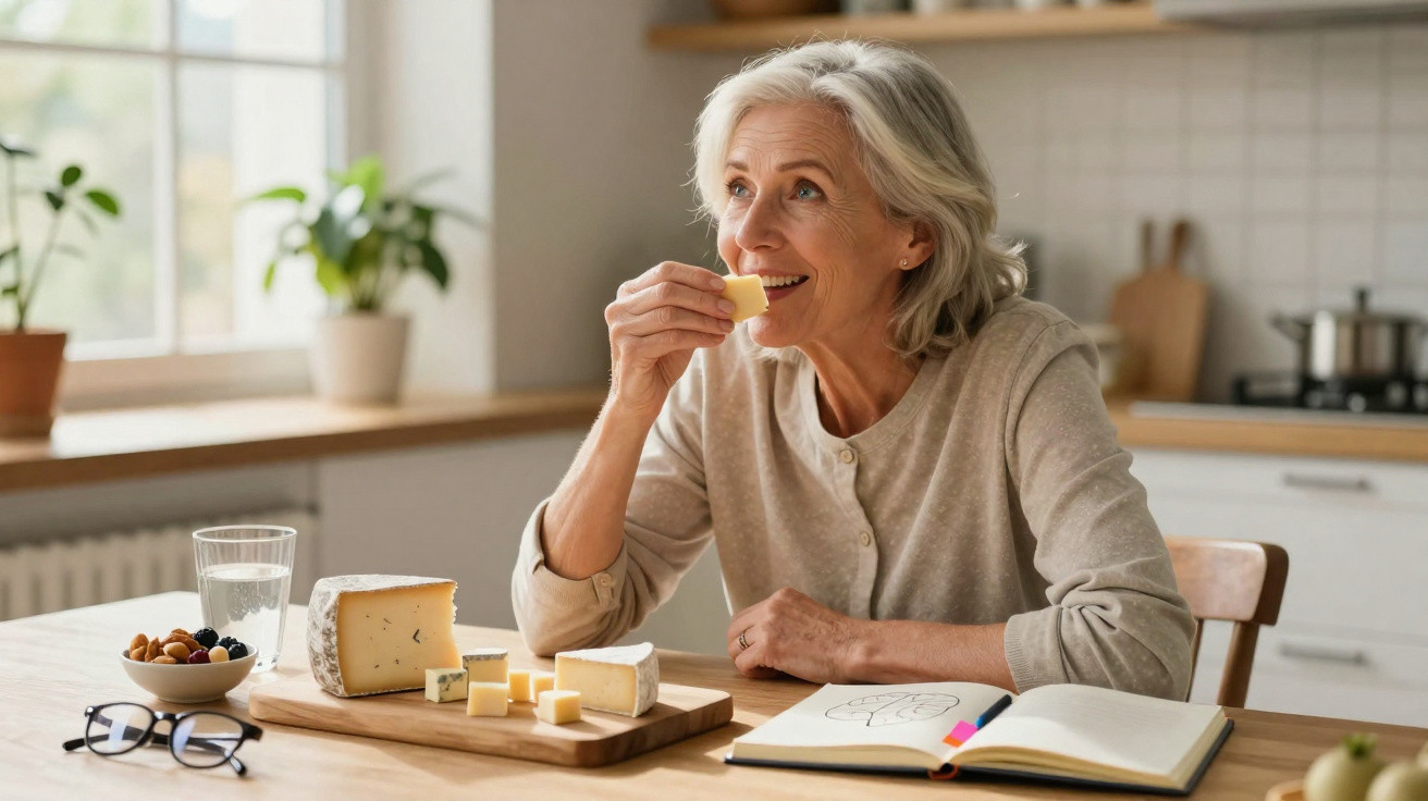 Mulher idosa a saborear pedaço de queijo na cozinha, com tábua de queijos, frutos vermelhos e caderno à sua frente.