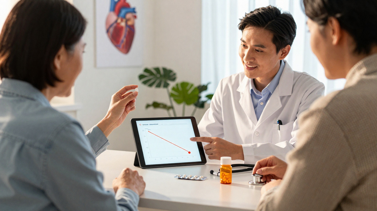 Médica a explicar gráficos num tablet a paciente sénior numa consulta, com medicamentos e estetoscópio na mesa.