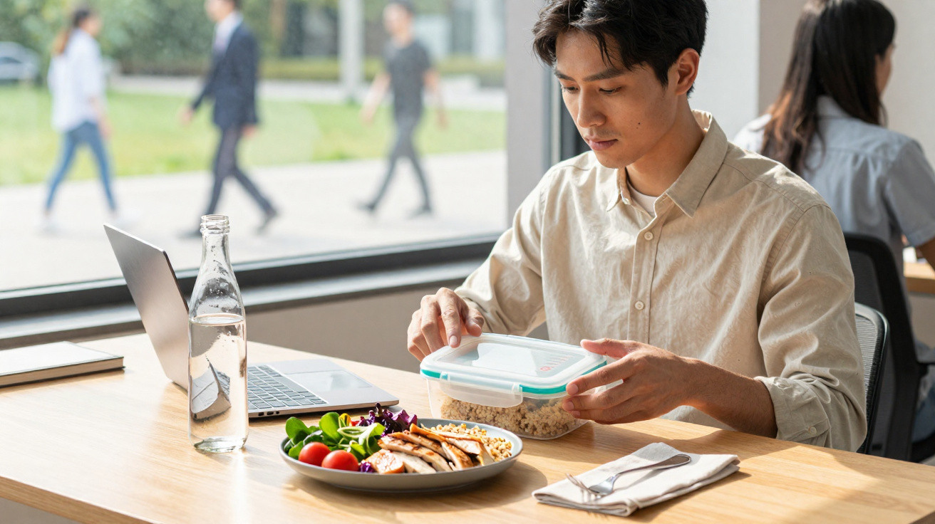 Homem sentado à mesa a preparar-se para almoçar com prato de salada e frango, garrafa e copo de água e computador portátil.