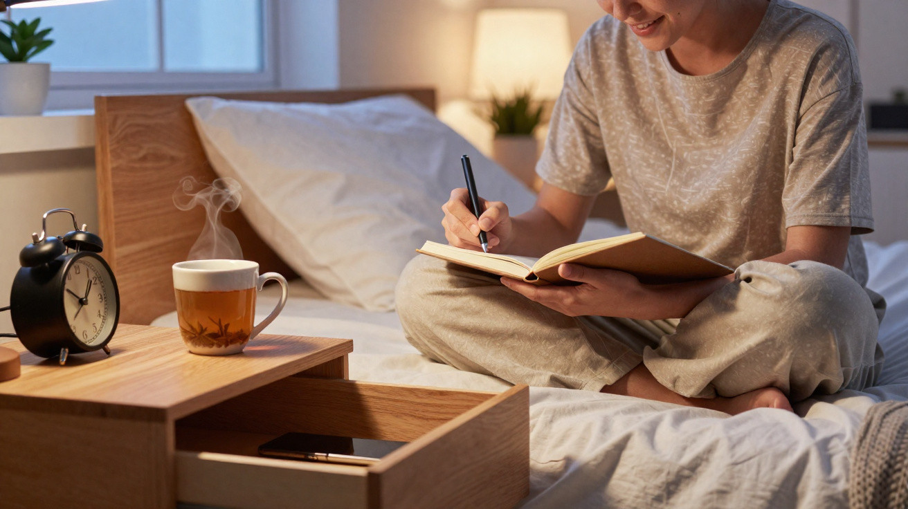 Pessoa sentada na cama a escrever num caderno, chá quente numa mesa de cabeceira com despertador ao lado.