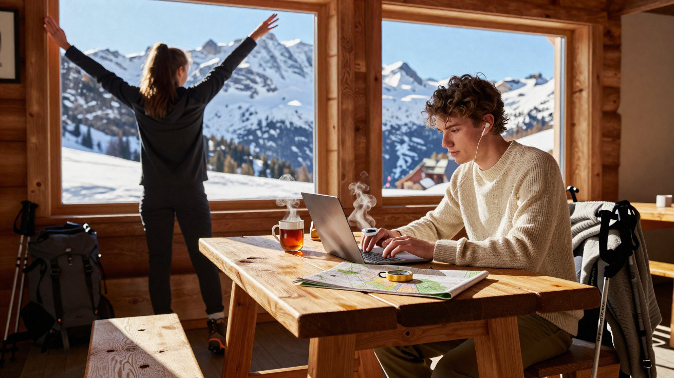 Homem a trabalhar num portátil dentro de uma cabana com vista para montanhas nevadas e mulher a esticar braços.